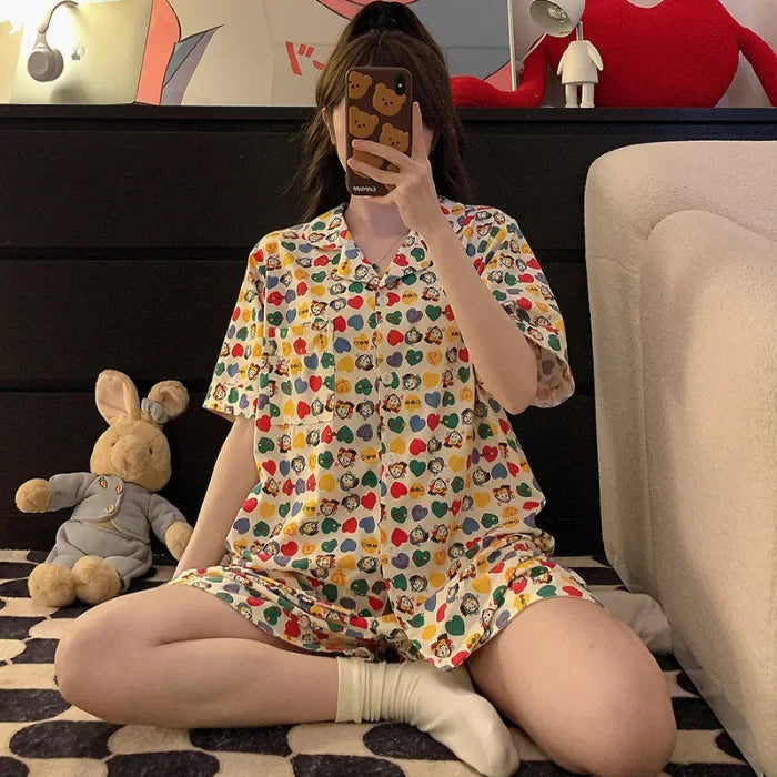 150kg Plus Size Ins Cartoon Pajamas Set Korean Student Summer Internet Celebrity Girl Short Sleeve Shorts Thin Loose Homewear