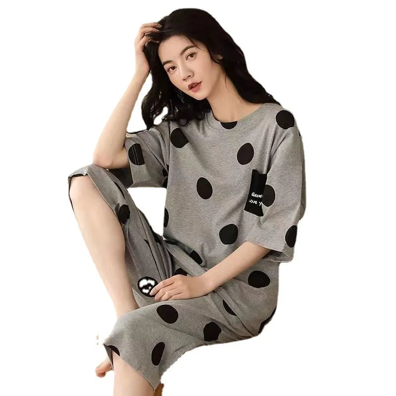 Summer New Ladies Pajamas Homewear Set of Short-Sleeved Pajamas Women's Summer Simple Korean Cartoon Loose Large Size Homewear