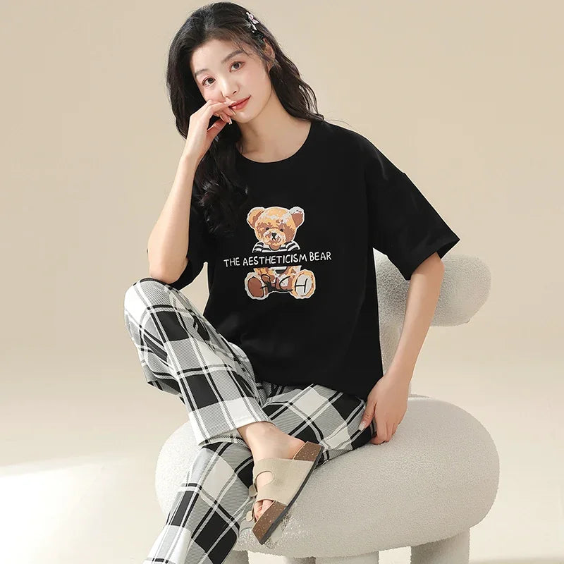 New Pajama Cartoon Cotton Pajamas for Women Summer Short Sleeved Long Pants Sleepwear Korean Fashion Rabbit Print Home Clothing