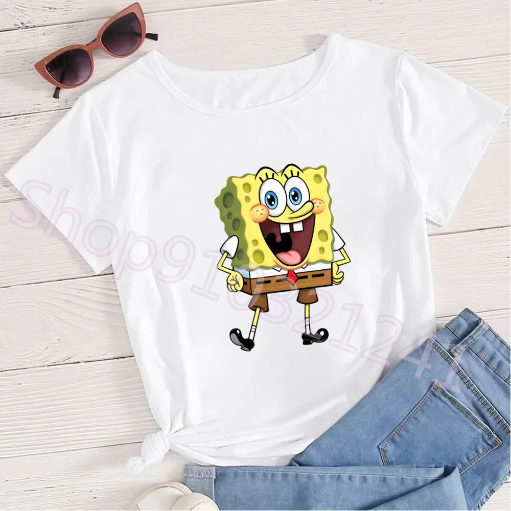 Summer Cartoon Spongebob T Shirt O-Neck Aesthetics TShirt Print Casual Short Sleeve Streetwear Harajuku Women Top Clothes