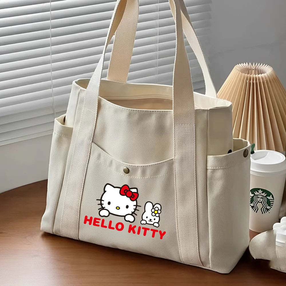 Hello Kitty Large Capacity Canvas Tote Bags Work Commuting Carrying Bag College Style Student Outfit Book Shoulder Shopping Bag