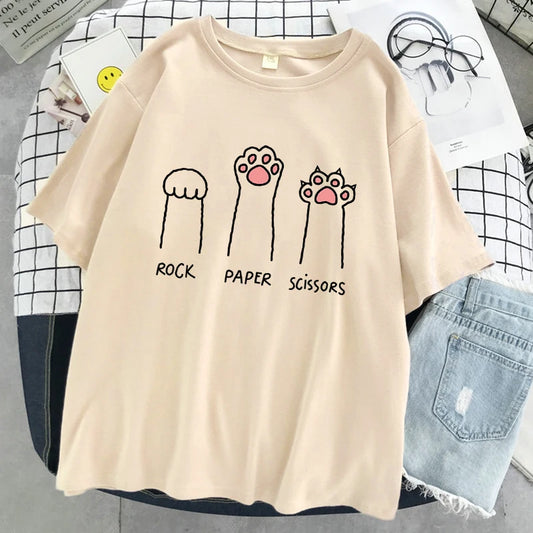 Rock Paper Scissors Funny Cat Print T Shirt Women Summer Soft Oversized Tops Fashion Casual Short Sleeve Street Cotton Tshirt