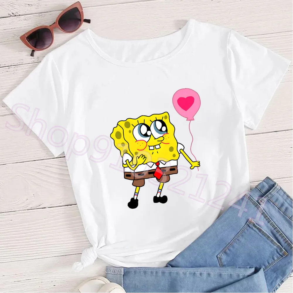 Summer Cartoon Spongebob T Shirt O-Neck Aesthetics TShirt Print Casual Short Sleeve Streetwear Harajuku Women Top Clothes