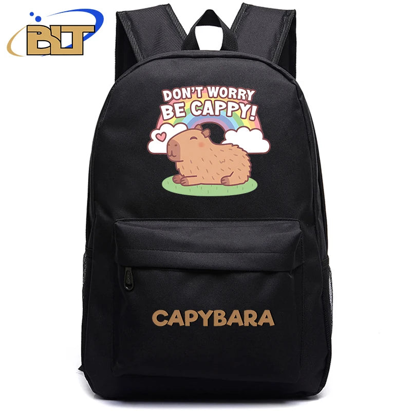 Cute Animal Capybara Print Black Backpack Teenager Student Schoolbag Boys Girls Gift